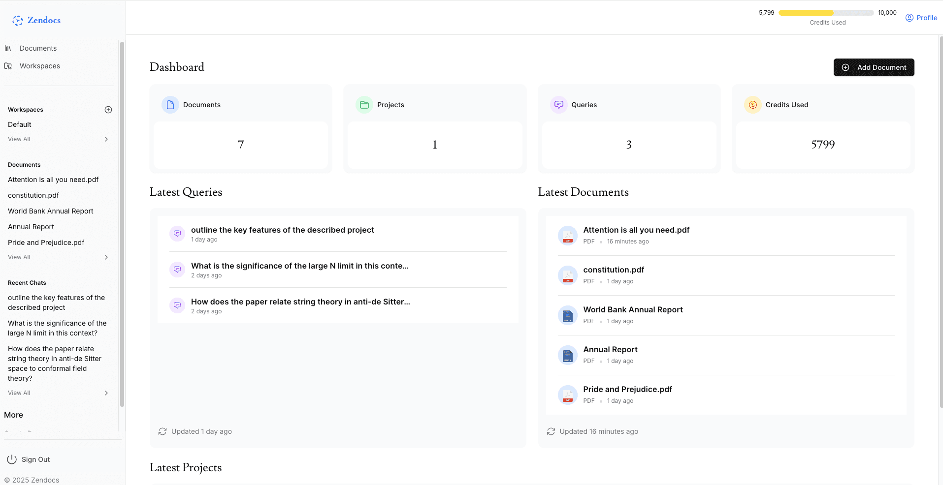 Screenshot of the Zendocs AI dashboard showing the document chat and summarization interface